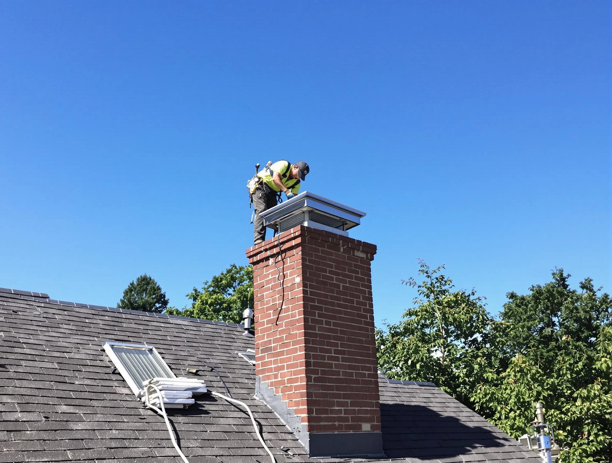 Kearny Chimney Sweep technician measuring a chimney cap in Kearny, NJ
